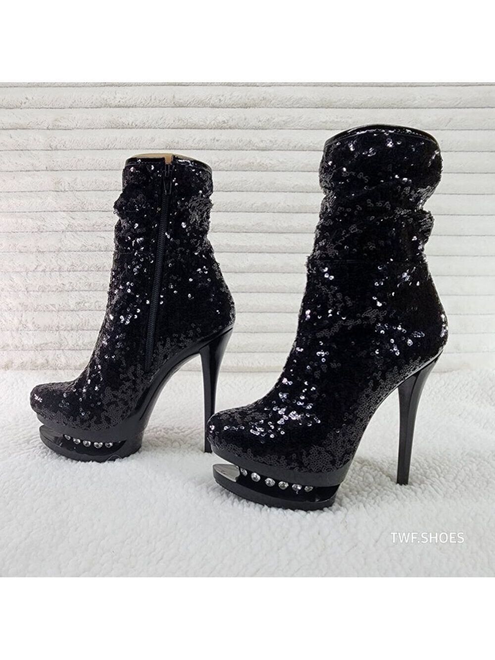 Pleaser Sexy Black Sequin High Heel Slouch Ankle Boots Blondie 1009